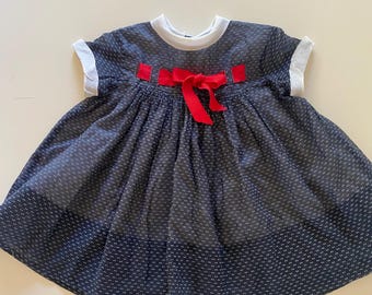 Vintage 60s 70s Toddler Navy Blue Dotted Swiss Party Dress Estimated Size 2T