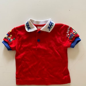 Vintage 80s 90s Baby Osh Kosh Top Red &quot;Train&quot; Print Polo Shirt Ringer Unisex Size 3 Months