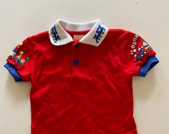Vintage 80s 90s Baby Osh Kosh Top Red "Train" Print Polo Shirt Ringer Unisex Size 3 Months