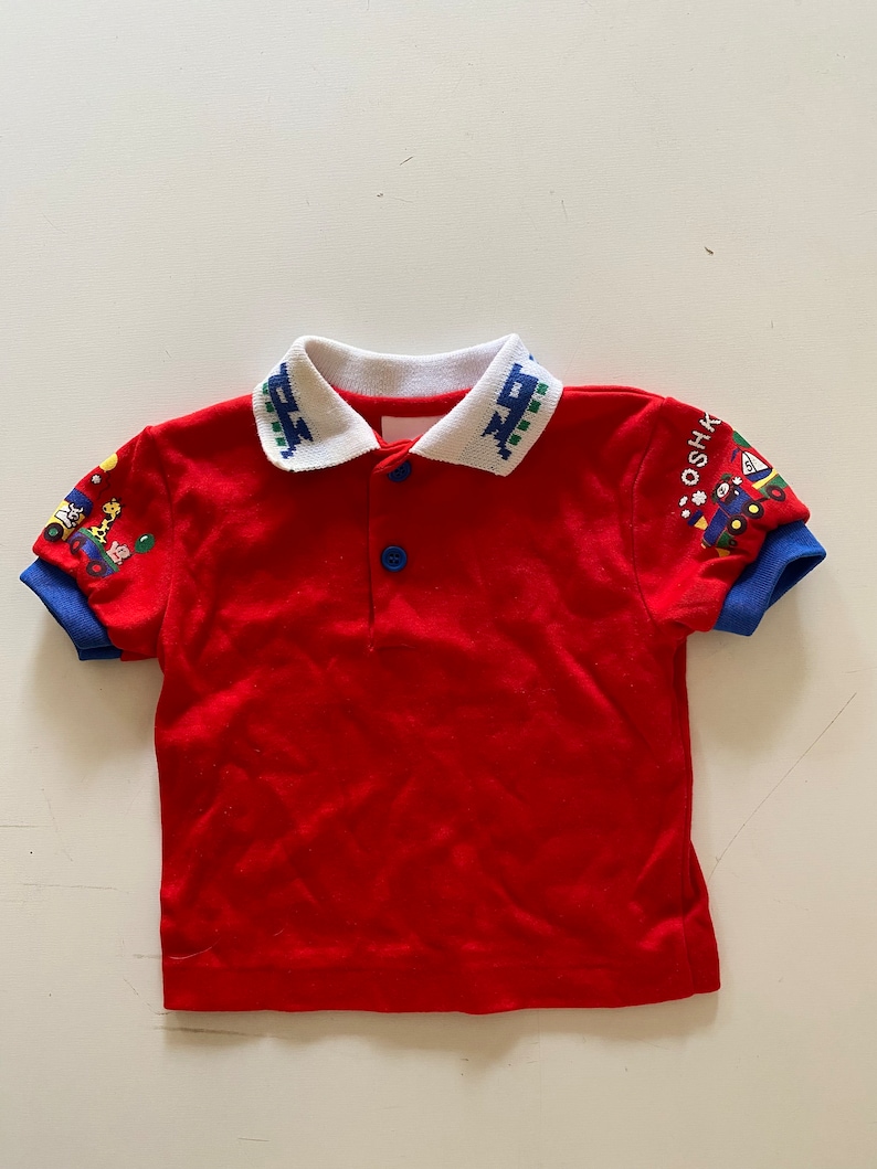 Vintage 80s 90s Baby Osh Kosh Top Red "Train" Print Polo Shirt Ringer Unisex Size 3 Months image 1