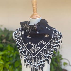 Vintage 90s Western Beaded Fringed Bandana Scarf Black & White Cowboy Rodeo Print OSFM