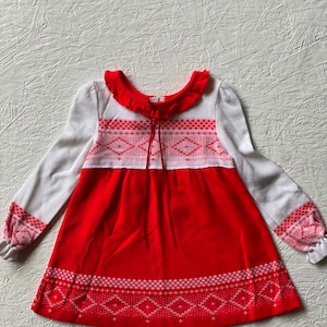 Vintage Toddler Red Knit Dress Ruffled + Ribboned Fair Isle Dress Empire Waist Holiday Dress by Bull Frog Knits Size 3T