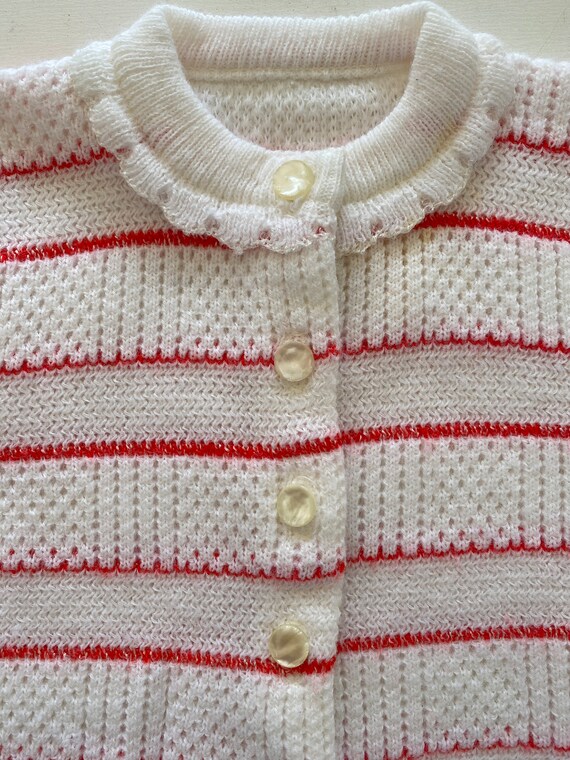 50s 60s Baby Girl Cardigan Sweater White Red Stri… - image 2