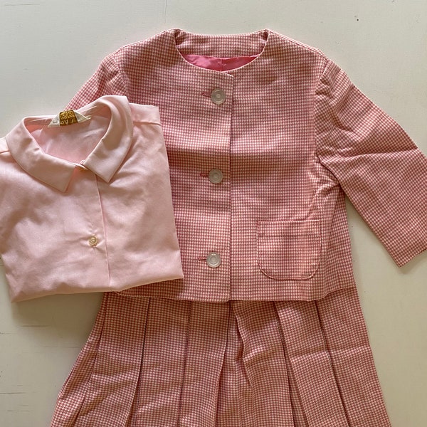 Vintage 60s Kids School Girl Skirt Set Pink Houndstooth 3-Piece Set Pleated Skirt Blazer Blouse Size 5