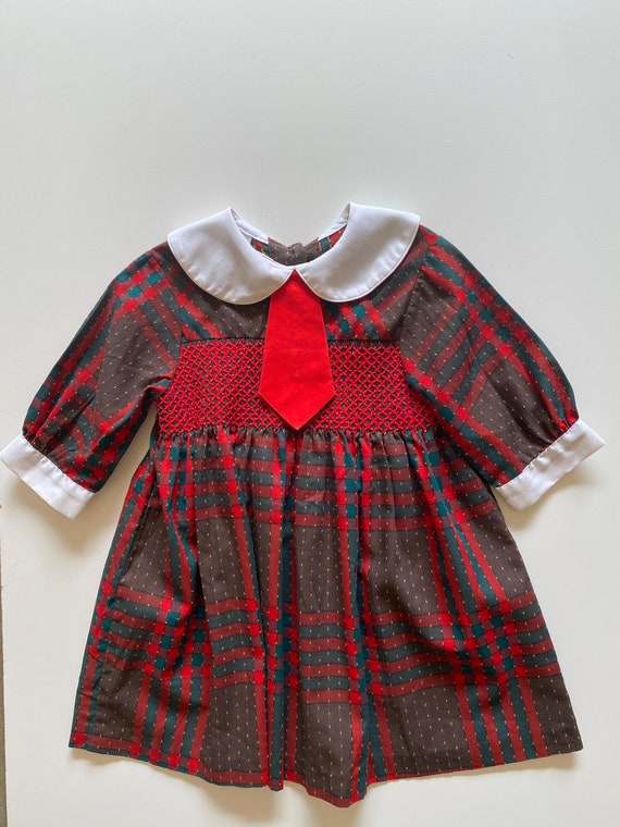 Vintage 70s Kids Smocked Ascot Dress School Girl … - image 1