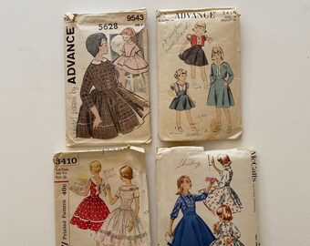 4 Vtg Girls Sewing Patterns 1950s & 1960s Dresses // Suspender Skirt + Jacket // High Waisted Dress // Childs Lot of 4 Dress Patterns Size 8