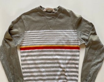 Vintage Boys Striped T Shirt Long Sleeves Sage Green Gray Red Crew Neck Size 8-10