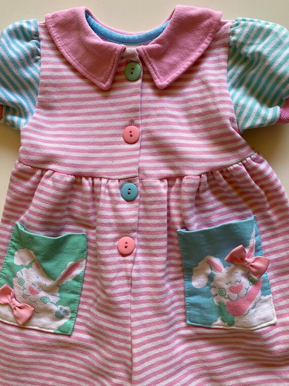 80s 90s Toddler Girl Striped "Bunny" Bubble Rompe… - image 2