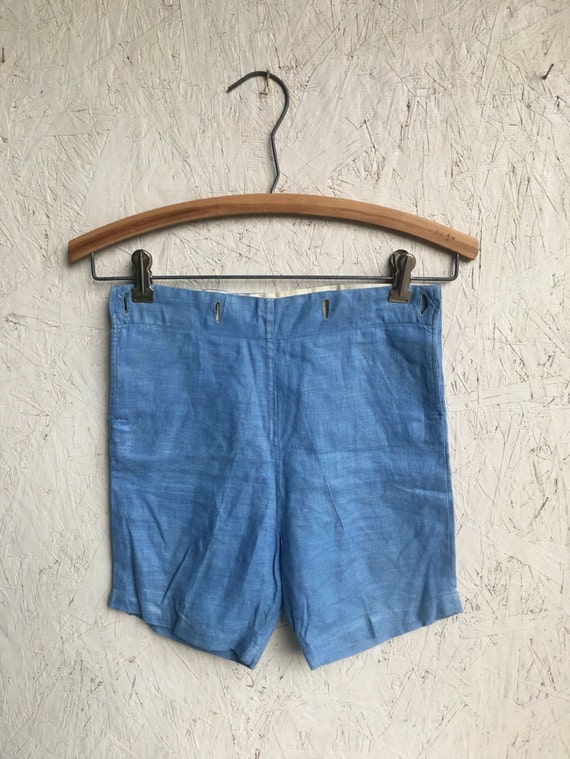 Vintage 40s 50s Boys Blue Linen Button-on Shorts w