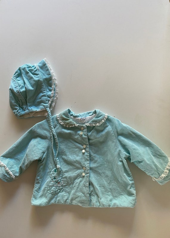 Vtg 50s Baby Swing Coat & Bonnet Turquoise Corduro