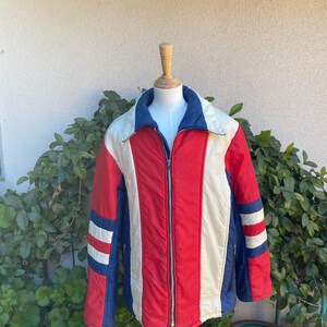 Vintage 70s 80s Kids Ski Jacket Red White Blue Color Block Striped Puffer Coat with Optional Hood Size Kids Large Women XS