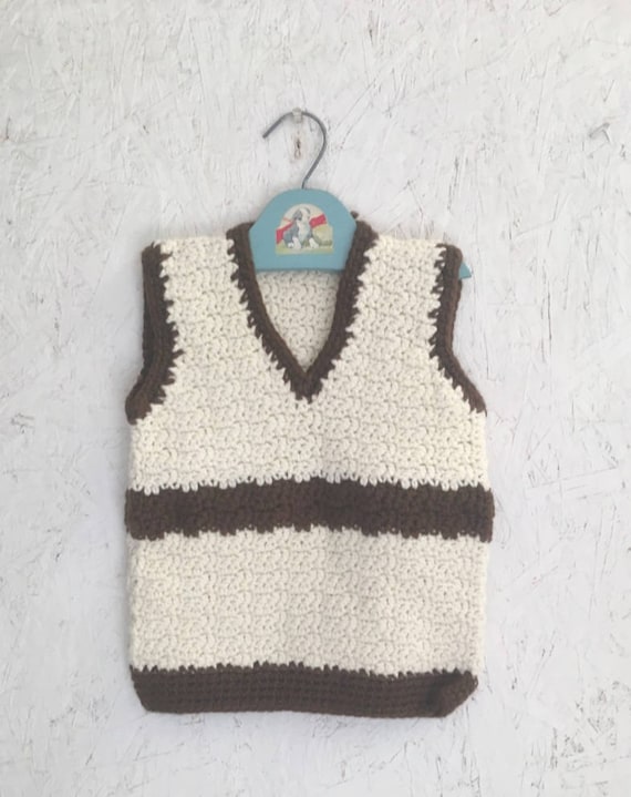 Kids Vest Vintage Hand Knit Sweater Vest Tan and … - image 1