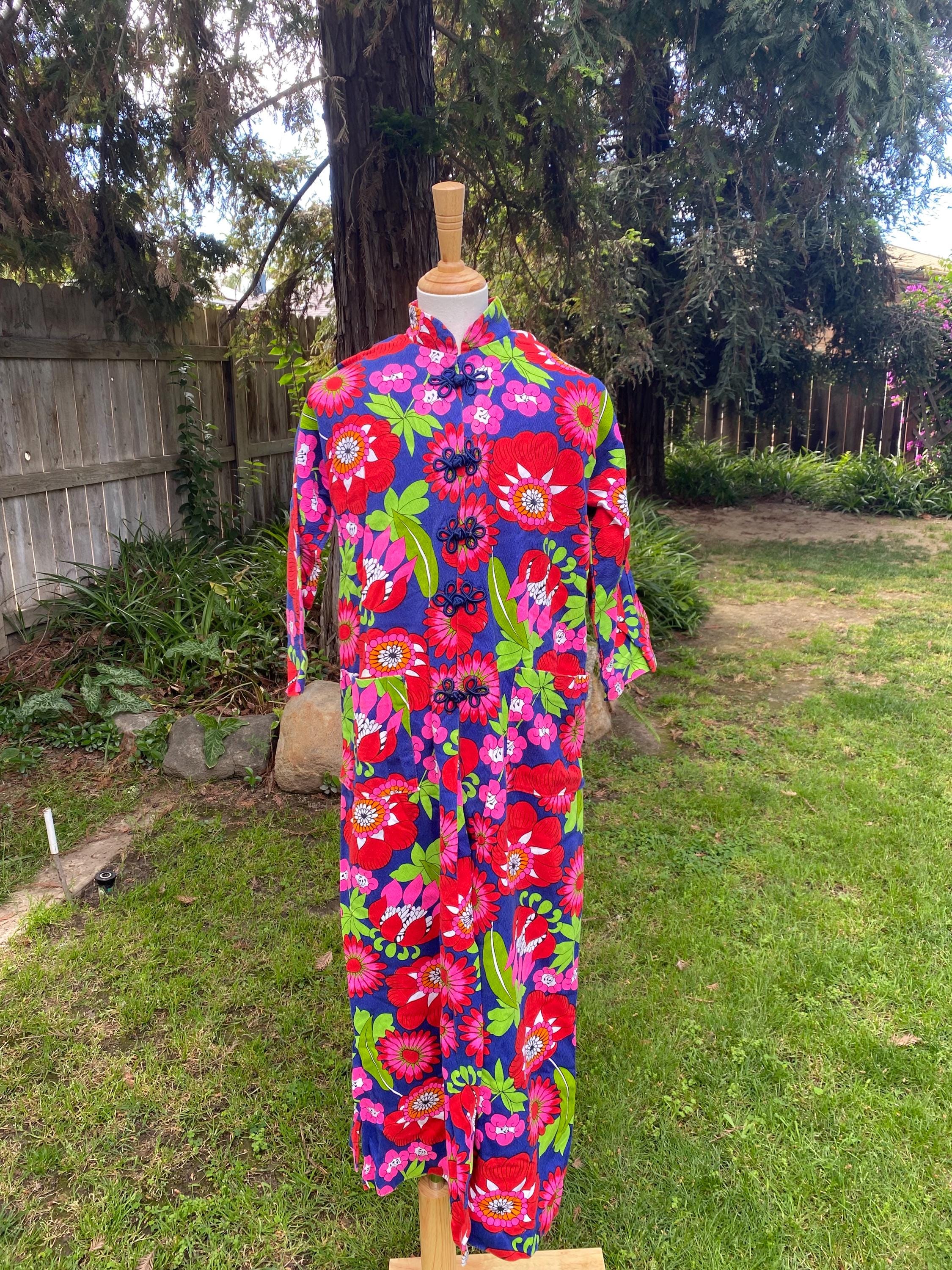 Vintage 60s 70s Girls Bright Floral Barkcloth Coverup Dress Size