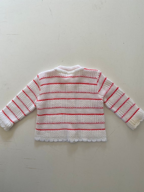 50s 60s Baby Girl Cardigan Sweater White Red Stri… - image 3