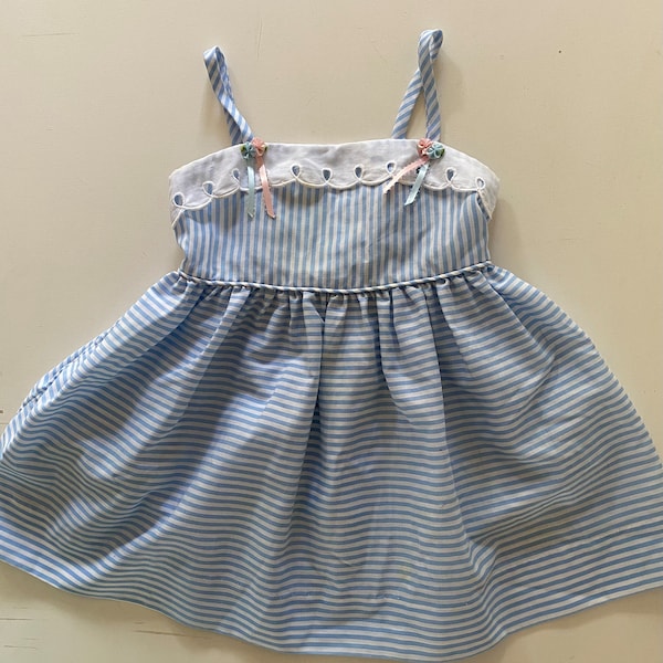 Vintage Toddler Girl Sundress Blue White Striped Summer Eyelet Lace Spaghetti Straps Fit and Flare Size 3T
