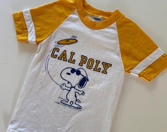 Vintage 70s Kids Cal Poly Snoopy &quot;Frisbee&quot; Raglan T-Shirt Champion Size 8-10