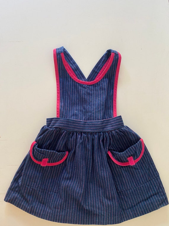 70s 80s Kids Striped Denim Overall Dress Dark Deni