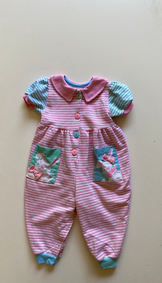 80s 90s Toddler Girl Striped "Bunny" Bubble Rompe… - image 5