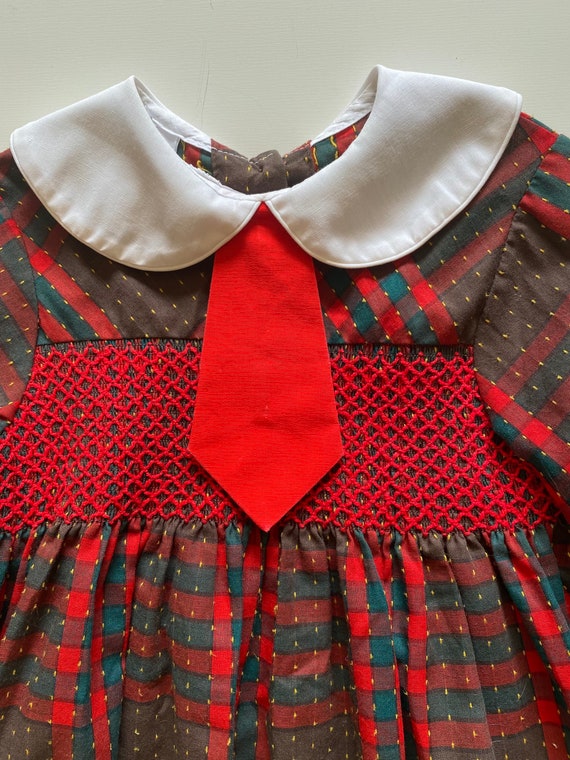 Vintage 70s Kids Smocked Ascot Dress School Girl … - image 2