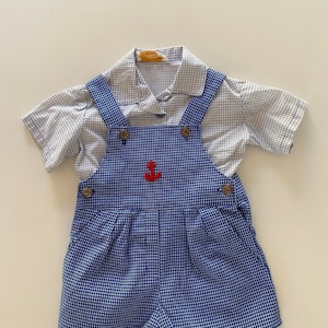 Vintage Toddler Nautical Shortalls & Shirt Summer Reverse Print Checked Set Size 18-24 Months