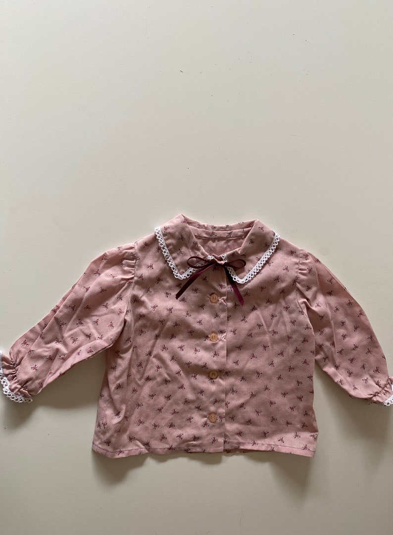 Vintage Toddler Mauve Floral Blouse Country Prairie Button Up Shirt Long Puff Sleeve Top with Lace Size 2T-3T