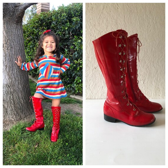 Vintage Rare 60s 70s Mod Kids Red Lace Up Go Go Bo