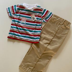 Vintage 90s NWT Toddler Pants & T-Shirt Set Striped Shirt Khaki Pants New Baby Gift by Catton Candy Size 12-18 Months