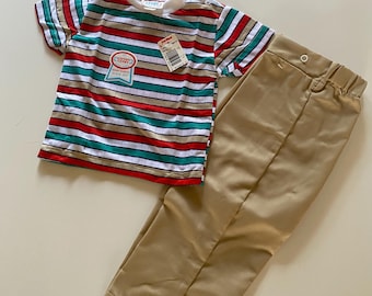 Vintage 90s NWT Toddler Pants & T-Shirt Set Striped Shirt Khaki Pants New Baby Gift by Catton Candy Size 12-18 Months