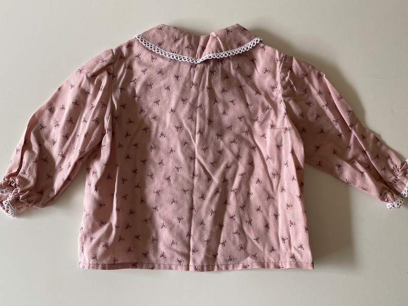 Vintage Toddler Mauve Floral Blouse Country Prairie Button Up Shirt Long Puff Sleeve Top with Lace Size 2T-3T