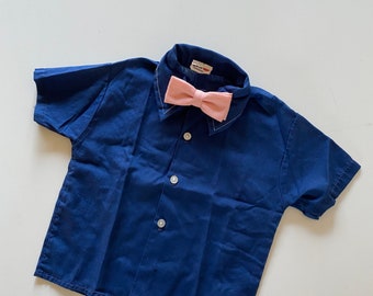 Vintage Toddler Boy Dress Shirt and Tie Set // 2-Piece Navy Blue Button Down and Pink Clip On Bow Tie Size 2T-3T