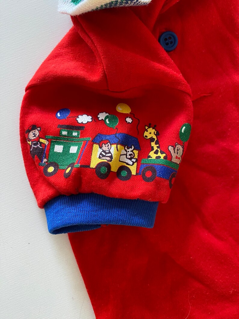 Vintage 80s 90s Baby Osh Kosh Top Red "Train" Print Polo Shirt Ringer Unisex Size 3 Months image 3
