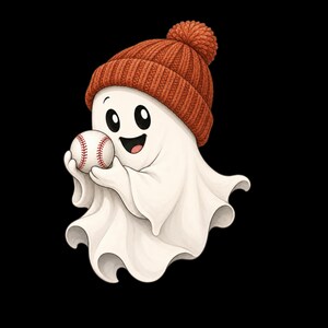 May include: A cartoon ghost with a white body and a wide, happy expression, wearing a textured orange knit beanie with a pom-pom on top. The ghost is holding a white baseball with red stitching in its hands against a solid black background.