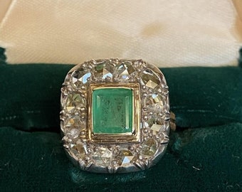 Authentic, Victorian, 19th Century 14k Gold and Silver Natural Emerald and Natural Rose Cut Diamond Ring "Large Cocktail"