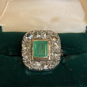 Authentic, Victorian, 19th Century 14k Gold and Silver Natural Emerald and Natural Rose Cut Diamond Ring &quot;Large Cocktail&quot;