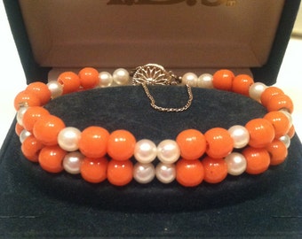 Very Fine Quality Antique Natural Coral and Pearl 14k Bracelet