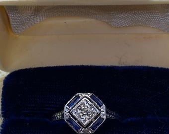 Art Deco c1920's 18k Diamond Solitaire and Sapphire Ring