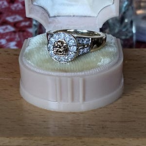 Beautiful 14k Yellow Gold .50ct Champagne Solitaire and White Diamond Halo Ring