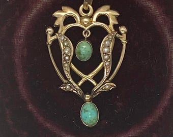 Edwardian Era c1910 9ct Gold, Seed Pearls and Natural Turquoise Pendant