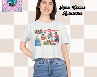 Camiseta corta retro de los años 70, Disney World Lands, Mickey Friends, Fantasyland, Adventure, Tomorrowland, Frontier, Liberty Square, Main Street, EE. UU., para mujer