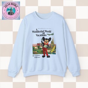 Vintage Style Disney World Sweatshirt, 70s Retro Crewneck Jumper, Mickey Mouse, Cinderella's Castle, Monorail, Contemporary Resort, Gift for Light Blue