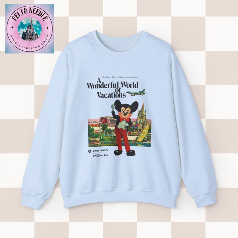 Vintage Style Disney World Sweatshirt, 70s Retro Crewneck Jumper, Mickey Mouse, Cinderella's Castle, Monorail, Contemporary Resort, Gift for Light Blue