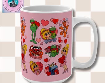 Tasse 15 Unzen, 1980er Jahre Muppets Valentines Design mit Kermit, Miss Piggy, Fozzie Bear, Gonzo und Tier, Kaffeetasse, Teetasse, Neuheit Geschenk