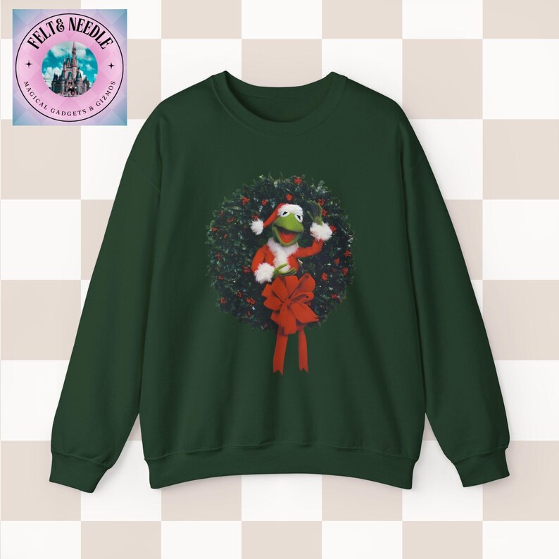 Felpa retrò di Babbo Natale Kermit, maglione girocollo anni '80 e '90, abbigliamento meme natalizio, pullover natalizio unisex, regalo di Natale divertente, hipster vintage Forest Green