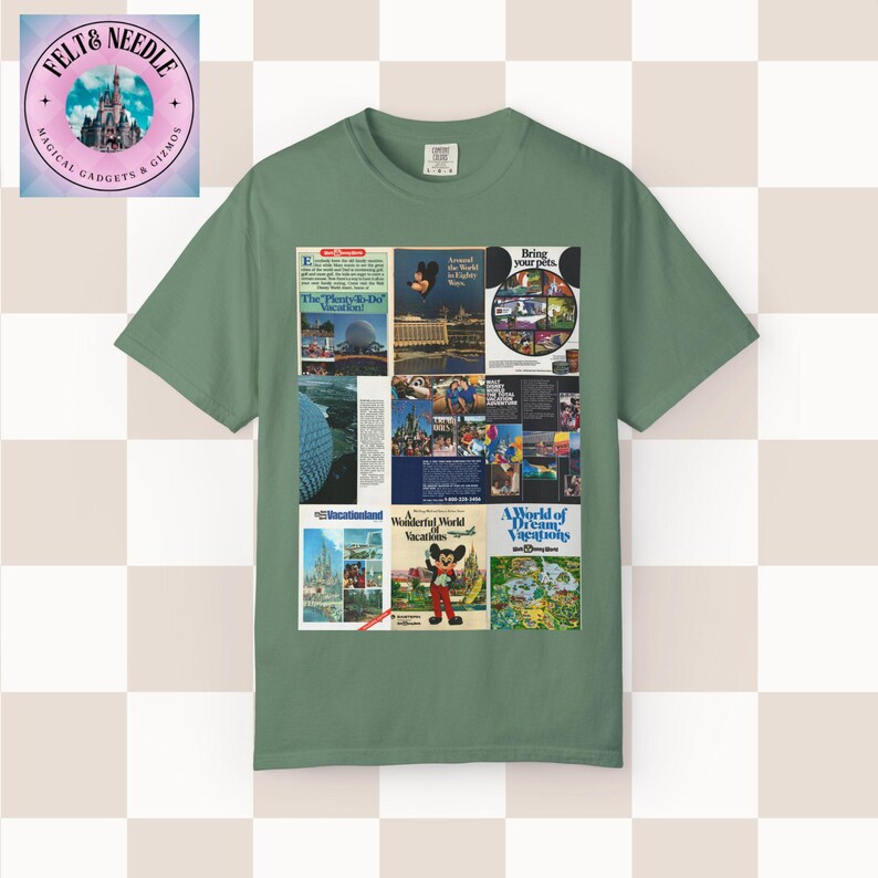 Maglietta Comfort Colors Retro Walt Disney World Travel Ads / Maglietta con poster vintage del parco Light Green