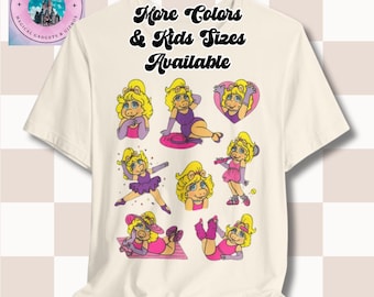 Maglietta vintage Miss Piggy con collage retrò, top estivo con grafica anni '80 per danza aerobica e balletto, regalo per allenamento, mezza maratona di Disneyland, unisex