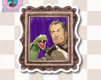 Retro Kermit and Vincent Price Vampire Painting Stickers, Kiss-Cut Vinyl Decal, Fun Muppet and Horror Movie Fan Gift, Laptop, Water Bottle,