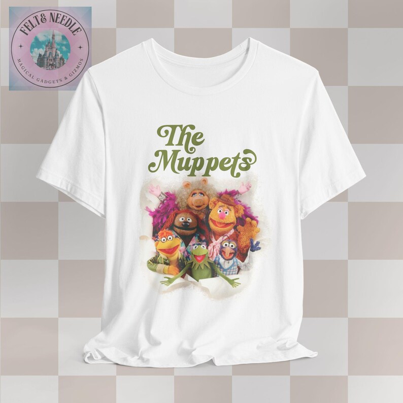 Retro Vintage The Muppets Unisex Tee Shirt, Kermit Miss Piggy Fozzie Animal, Short Sleeve T-Shirt, Gift for Muppet Fans, 70s 80s TV Show Top White