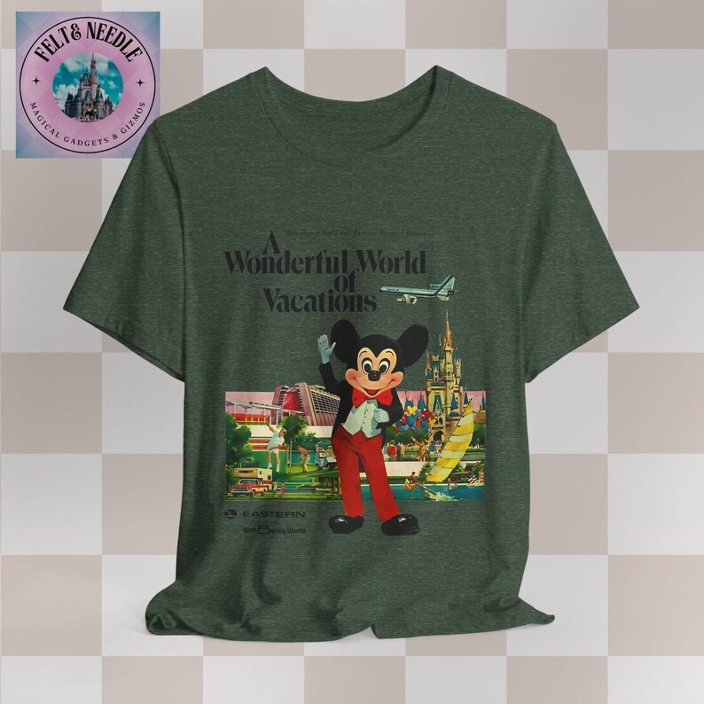 Vintage Retro Walt Disney World Unisex Tee, 70s Airline Travel Advertisement Shirt, Men Women Souvenir Top, Vacation Theme Park Apparel, Heather Forest