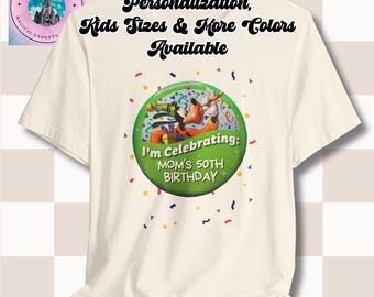 Disney Parks Customizable “I’m Celebrating…” Goofy Button T-Shirt, Tee Shirt, Mickey Mouse Fans, Disney Vacation Apparel, Theme Park