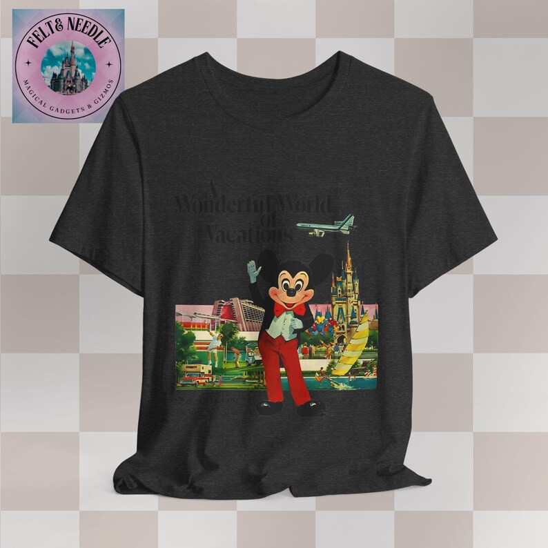 Vintage Retro Walt Disney World Unisex Tee, 70s Airline Travel Advertisement Shirt, Men Women Souvenir Top, Vacation Theme Park Apparel, Dark Grey Heather